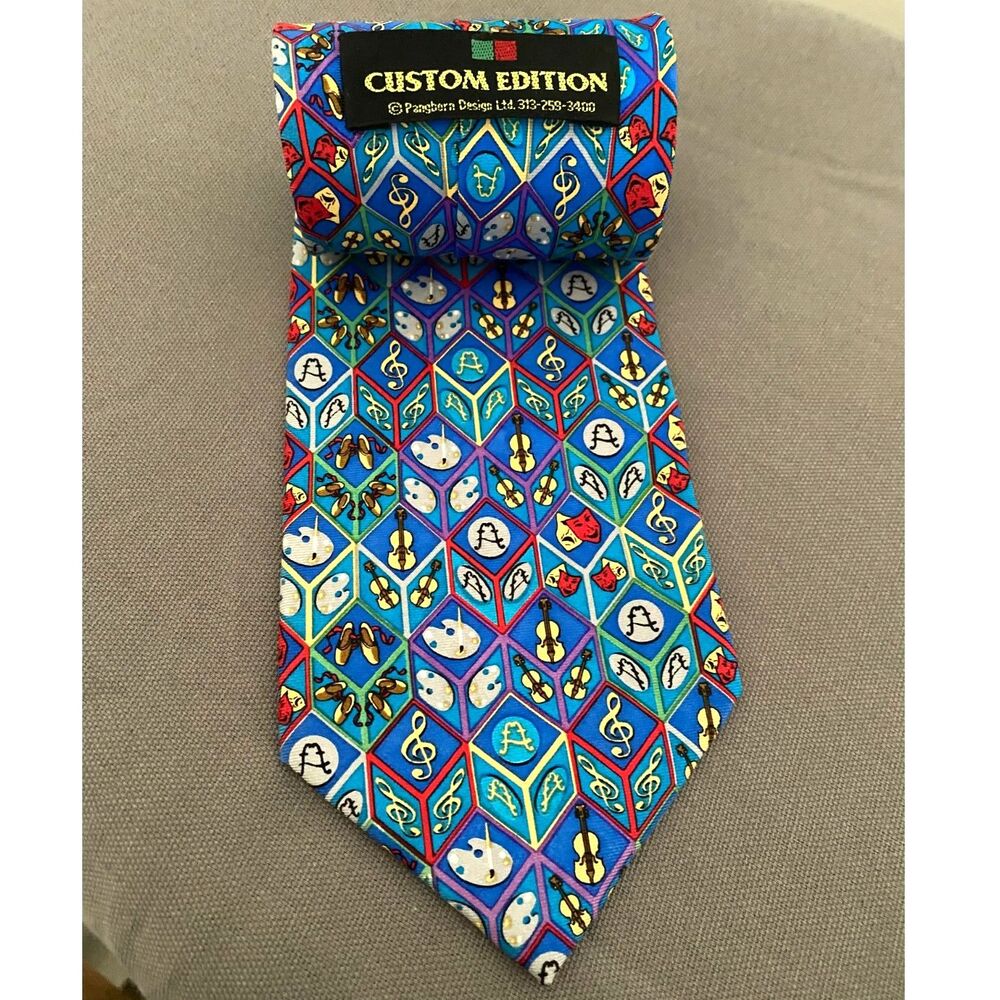 Vintage Pangborn Design Silk Necktie Custom Edition Blue Theater Mask Music Art